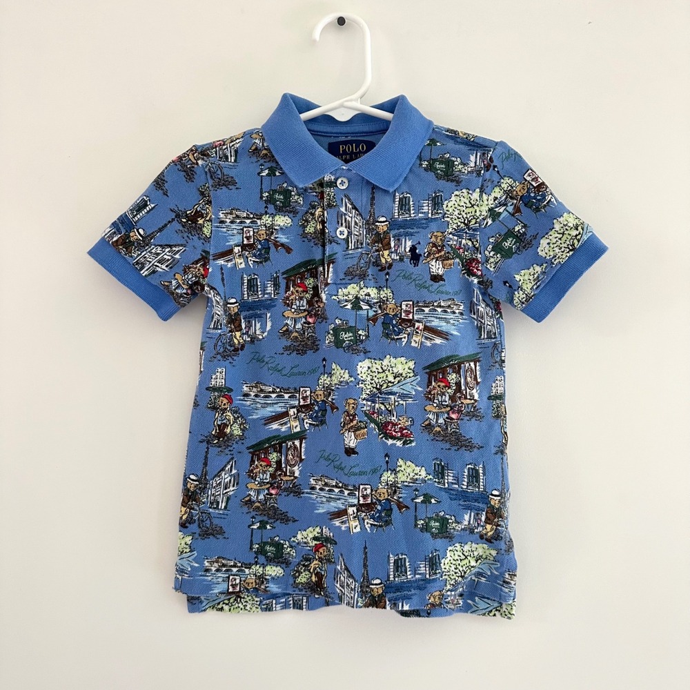 Polo Ralph Lauren Kids Blue Paris Polo Bear Print Shirt Boys Size 3 Printed